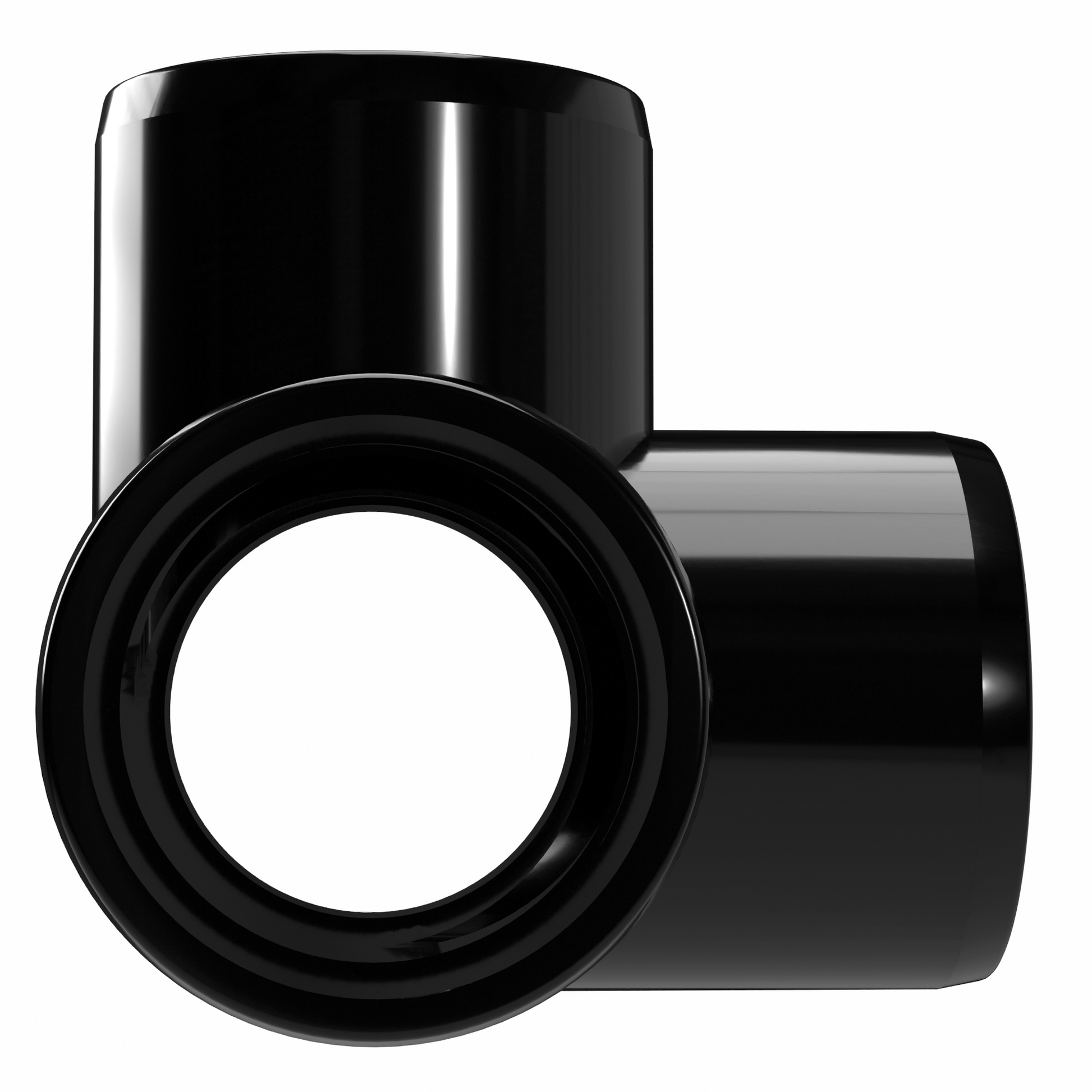 Black 4-way pipe fitting on a white background