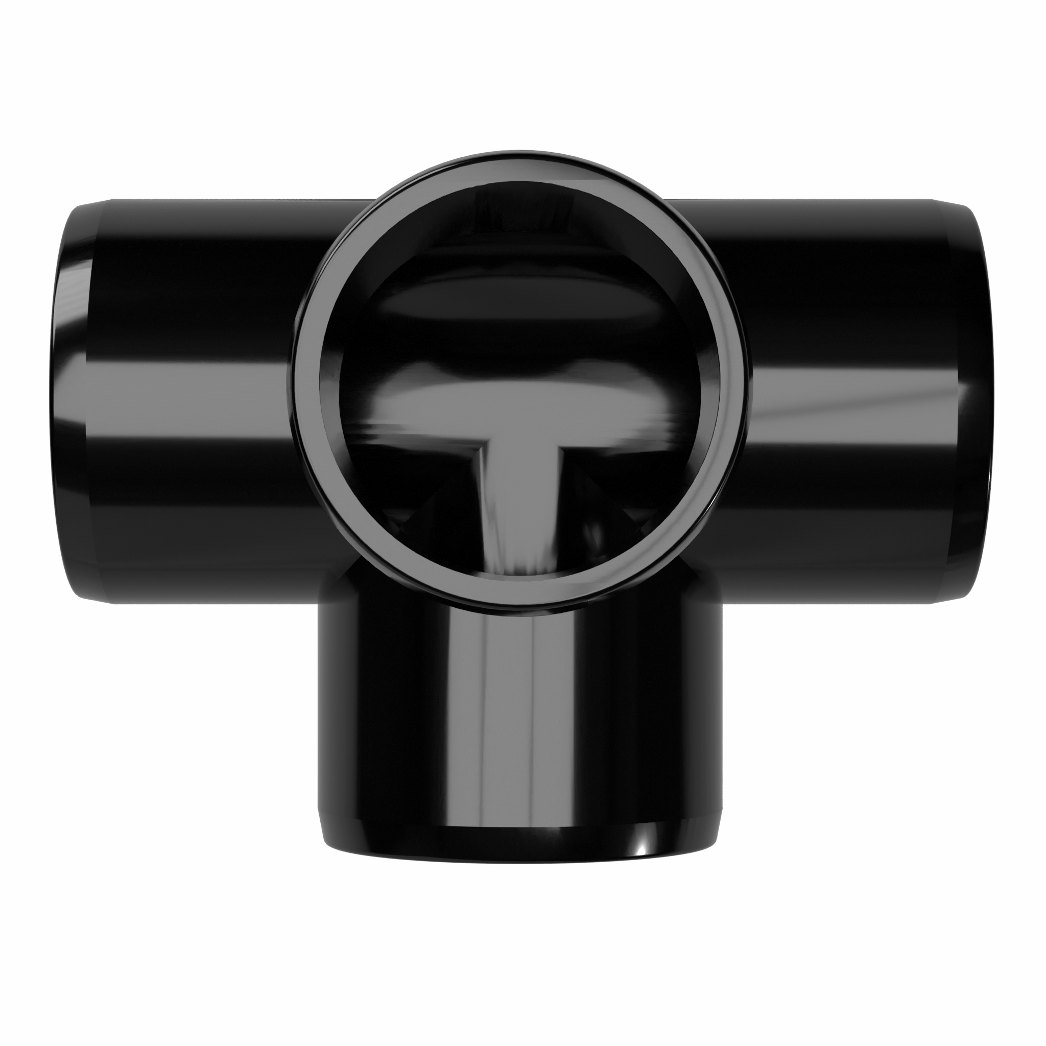 Black PVC T-shaped fitting on a white background