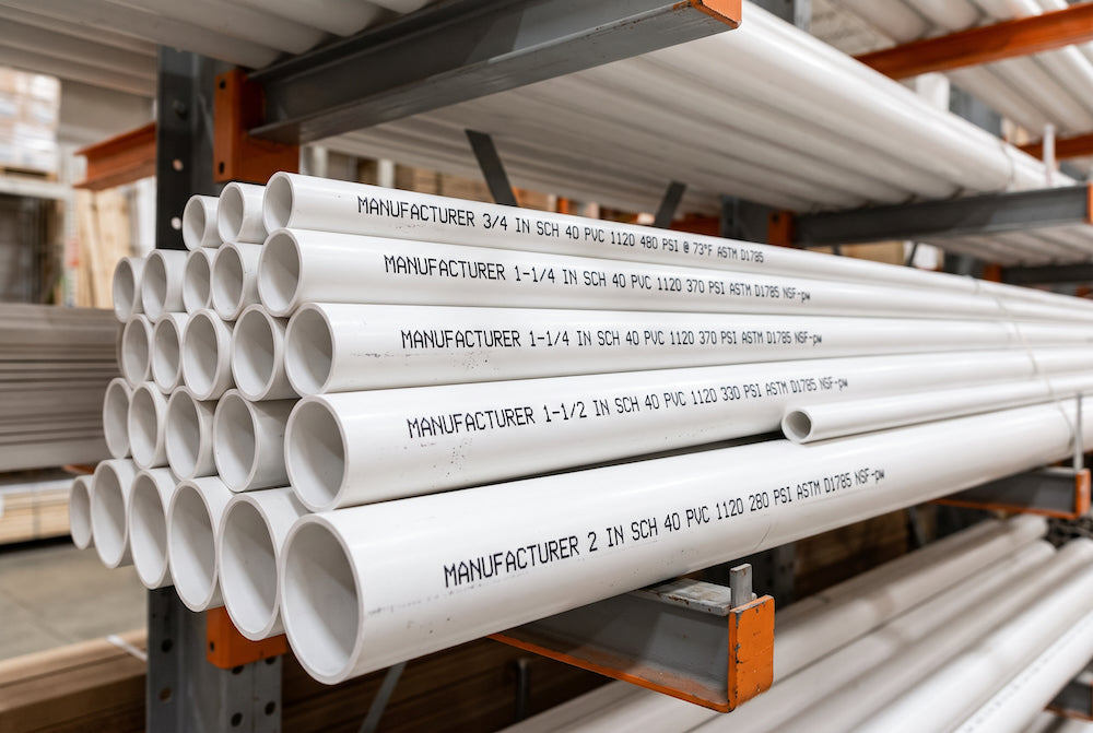 Shelf of plumbing-grade PVC pipes in different sizes with the size and schedule printed along each pipe.