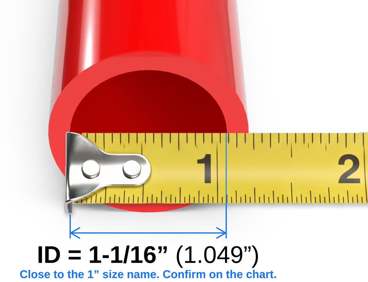 Yellow tape measure across the inside of a red PVC pipe, with the inside diameter labeled 1-1/16 inches, which is close to the 1 inch size name