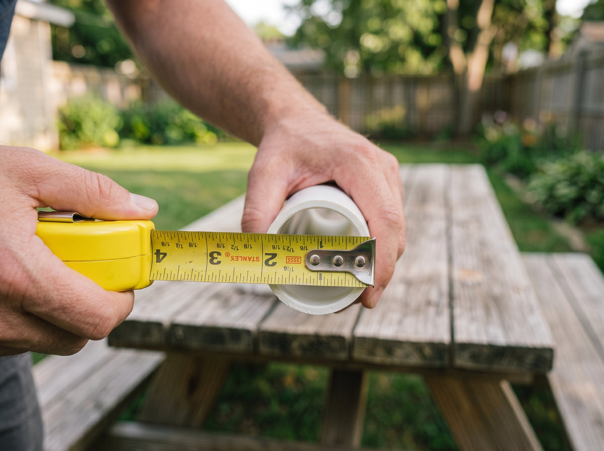 Tape measure held against the end of a PVC pipe.